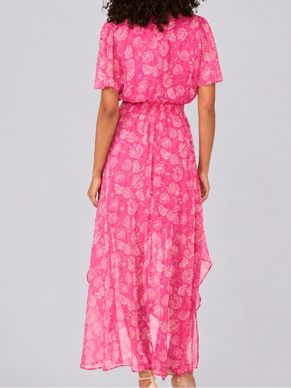 🆕💖MSK Pink Floral Chiffon Maxi Dress Size M Flutter Boho Romantic Wedding Guest - Picture 3 of 17